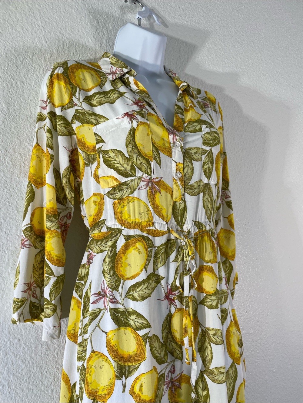 Lemon-Print Midi Shirt Dress with Tie Waist - White & Yellow